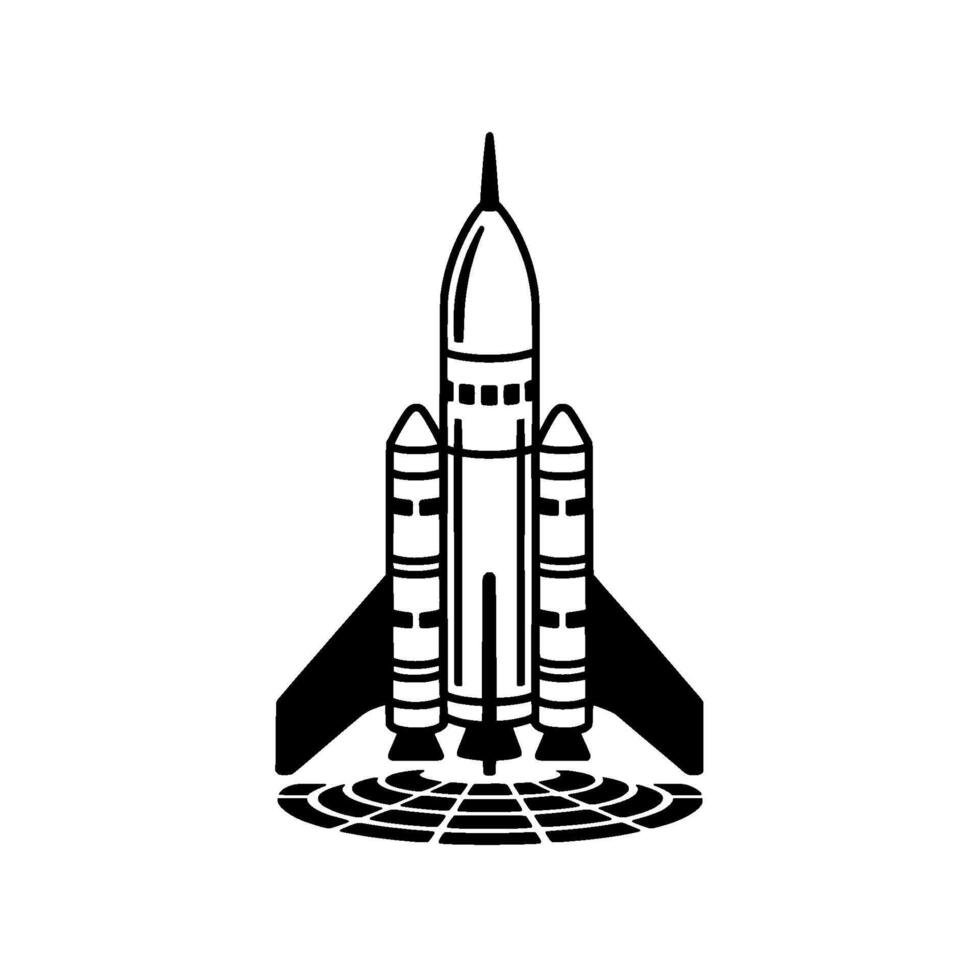 A stylized illustration of a three stage rocket ship with booster rockets and wings launching upwards from a circular grid representing a launchpad or energy burst vector