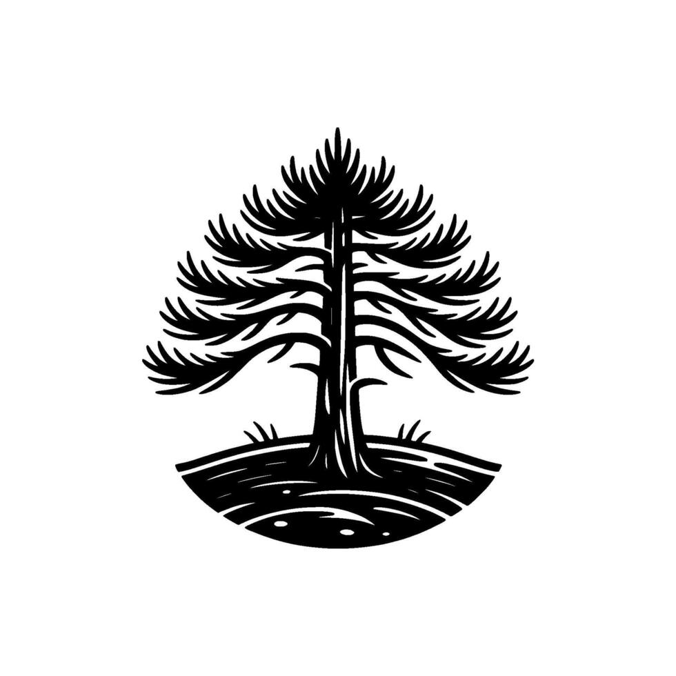 Bold silhouette of a stylized coniferous pine tree with radiating branches and textured base vector