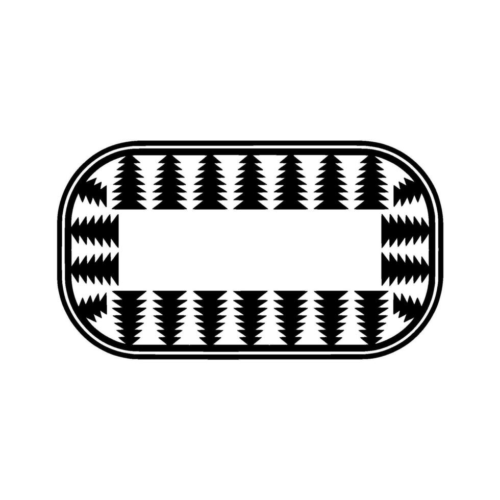 A minimalist geometric abstract featuring a rounded rectangular frame with repeating triangular patterns resembling stylized evergreen trees along its outer edges and a central empty space for vector