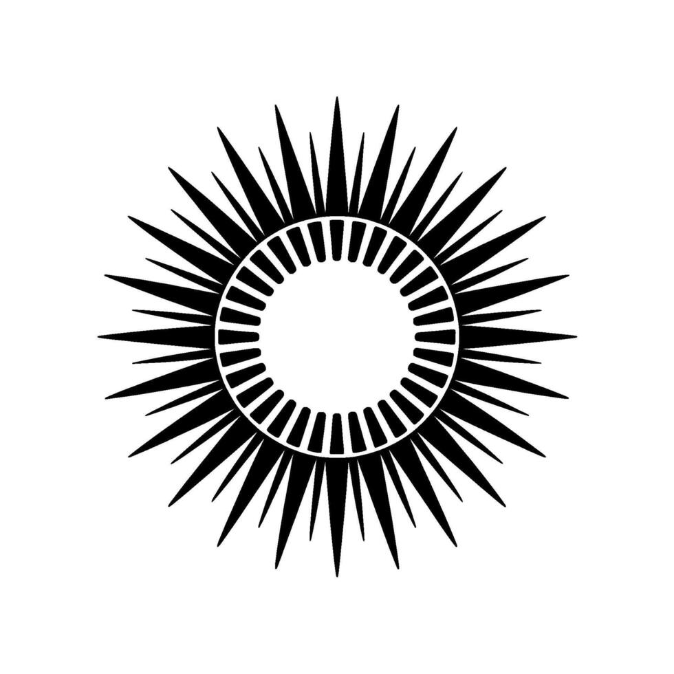 A striking emblem resembling a stylized sun with sharp radiating rays and a segmented circular inner core vector