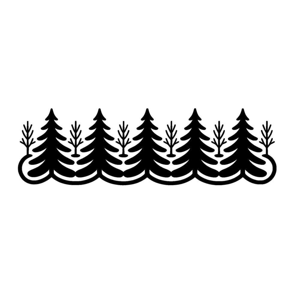 A minimalist silhouette border featuring a repeating pattern of stylized evergreen trees of varying heights across a clean light gray background with subtle framing vector
