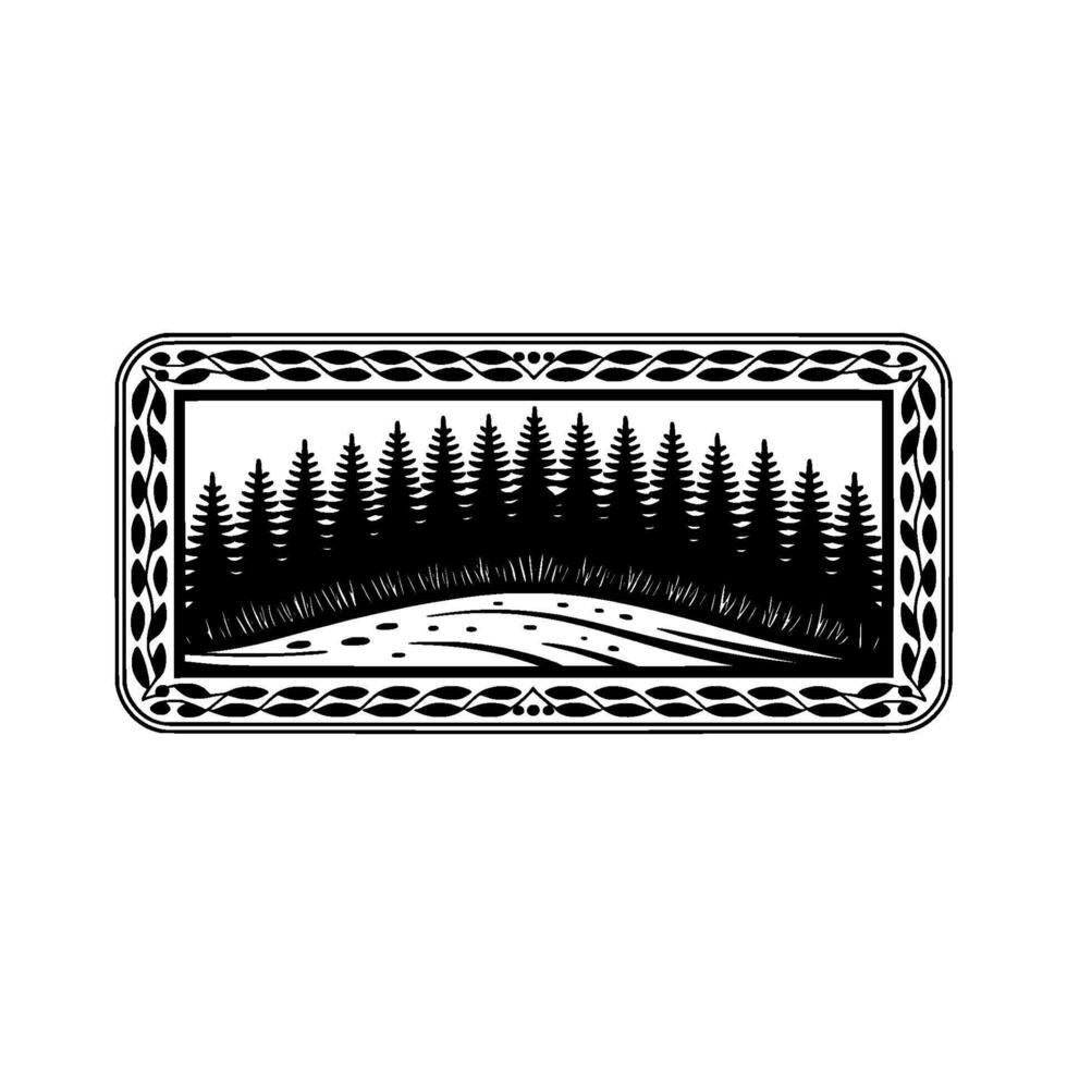 Ornate art featuring a silhouetted evergreen forest behind a winding path with scattered dots within a decorative border vector