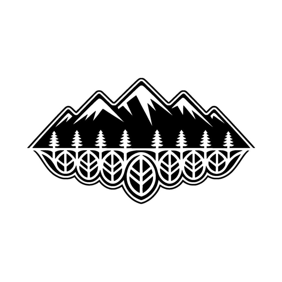 Stylized illustration featuring jagged mountain peaks above a row of stylized evergreen trees and an ornamental pattern of interconnected leaves vector