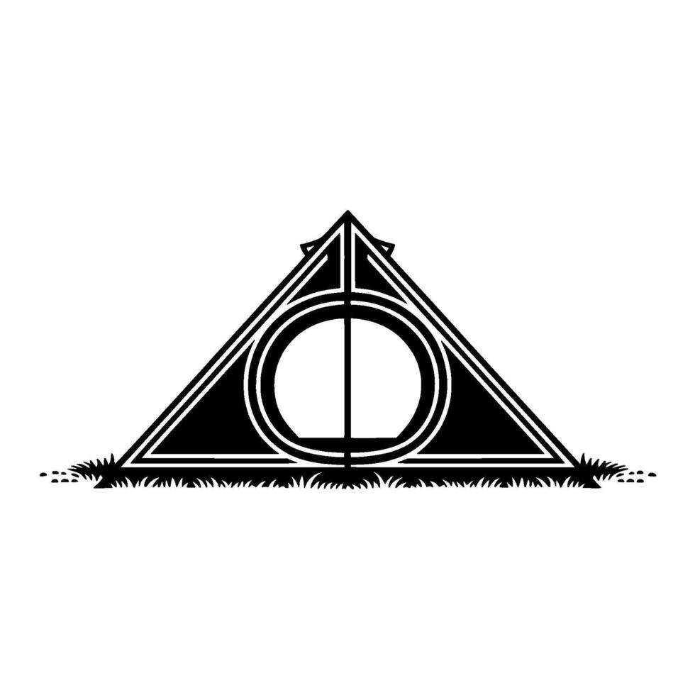 Minimalist illustration of the Deathly Hallows symbol featuring a triangle circle and line with stylized grass at the base vector