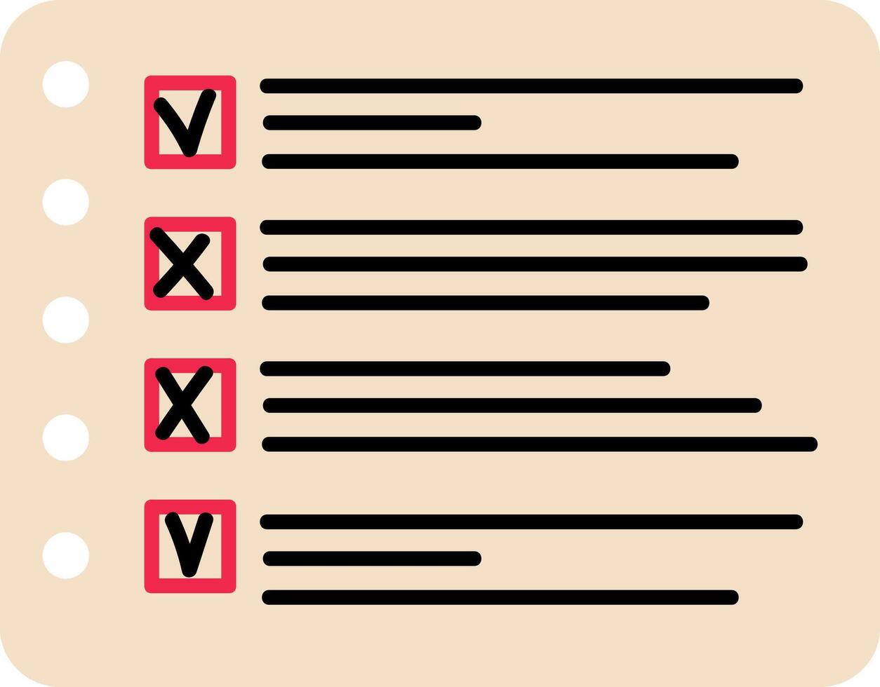 Checklist document presenting check and x marks result vector