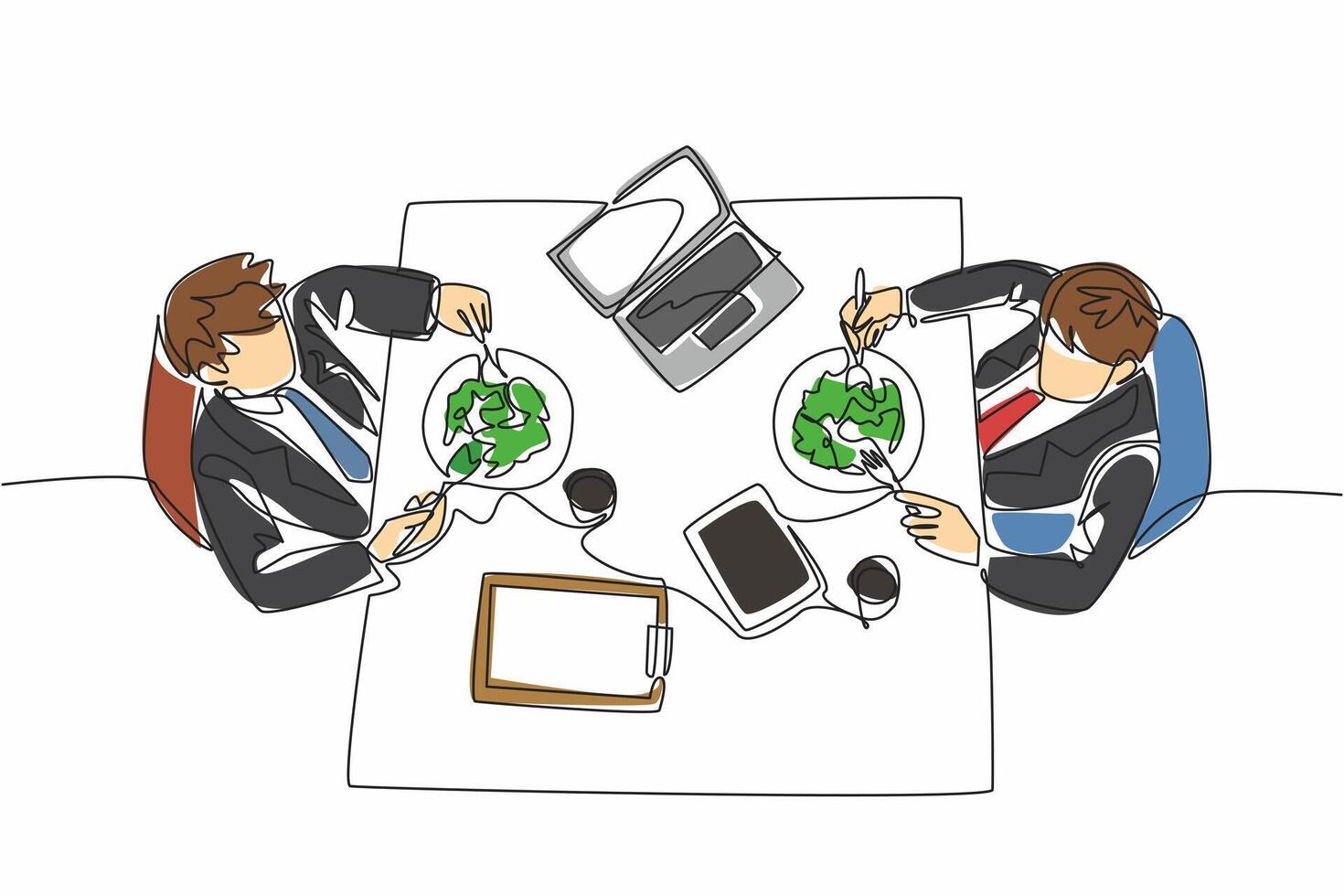 Single continuous line drawing two businessmen are eating at the dining table. Preparing for a meeting while having lunch. Important. National Make Lunch Count Day. One line illustration vector