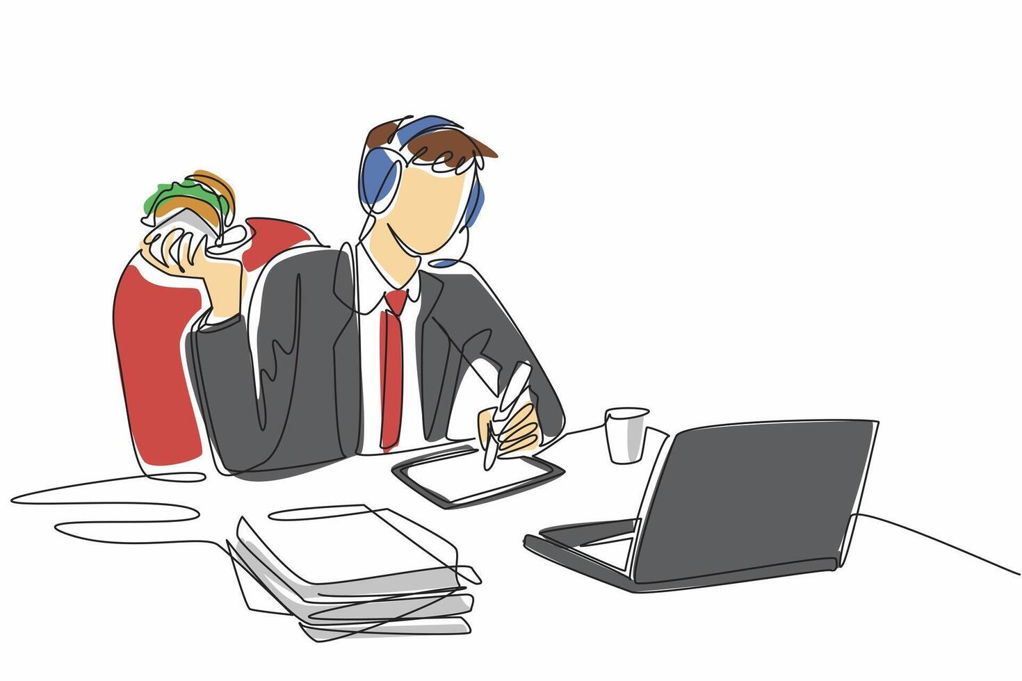 Single one line drawing businessman wearing headphones with mic. Technical support serves consumers via telephone while eating. Saving time. Deskfast Day. Continuous line design illustration vector