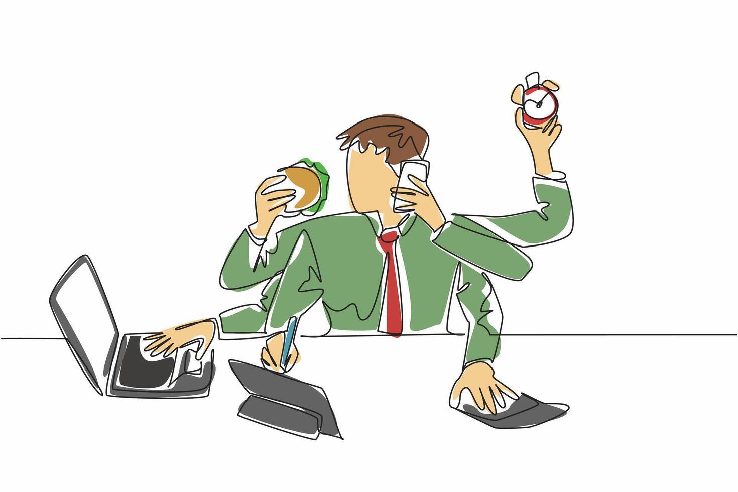 Single continuous line drawing businessman with 6 hands. Each hand with its own busyness. Multitasking in the morning to save time. Productivity. Deskfast Day. One line illustration vector