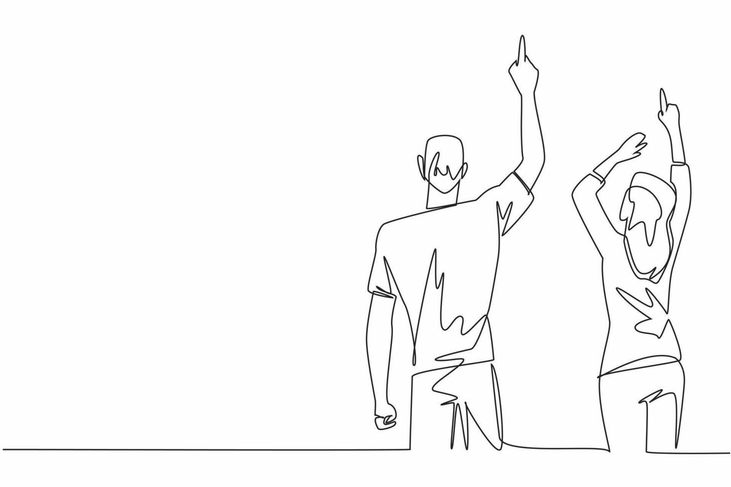 Continuous one line drawing rear view, a woman and a man in casual clothes, their hands pointing upwards. Beautiful spring. Aurora. Look Up at The Sky Day. Single line draw illustration vector