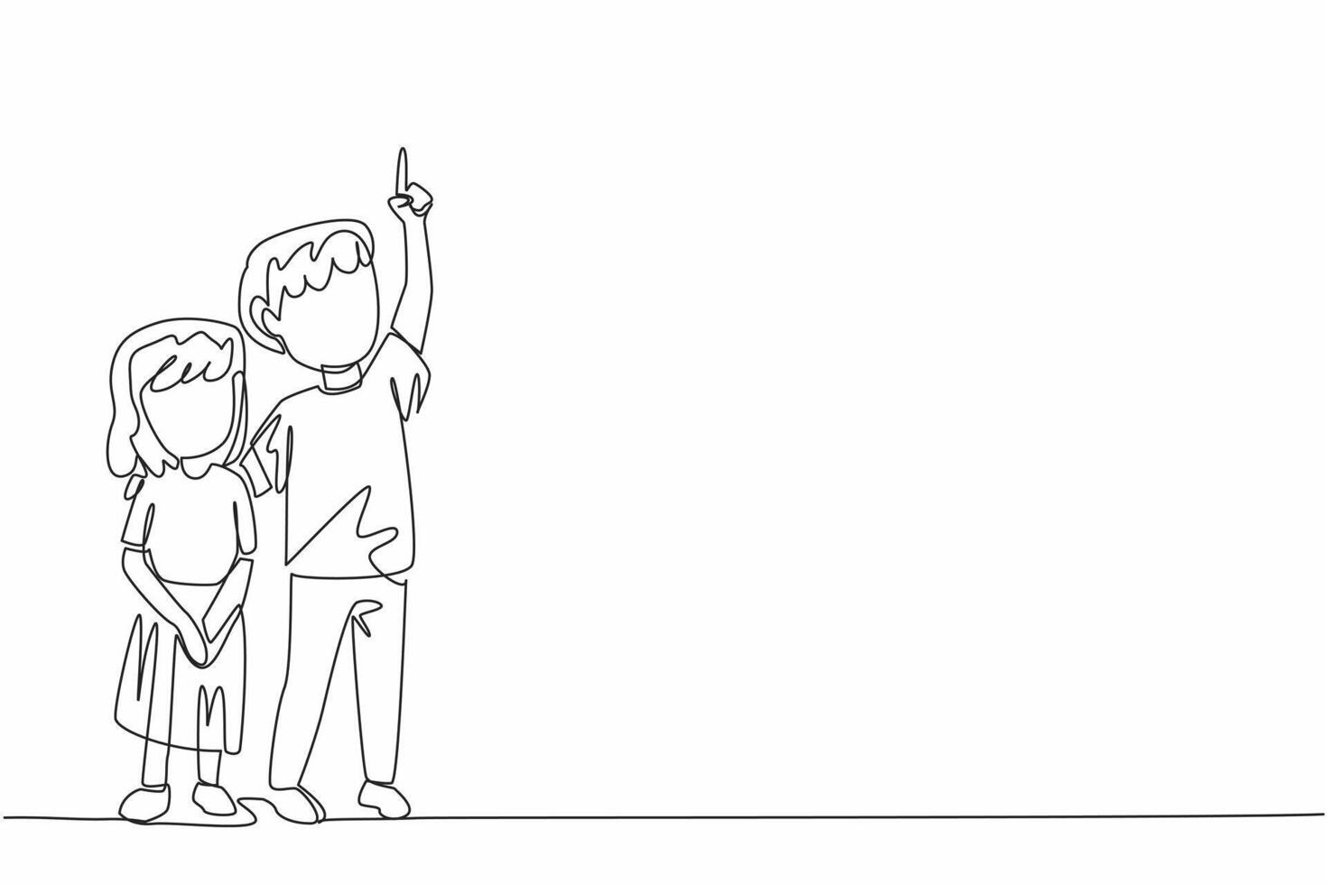 Continuous one line drawing a boy embraces little sister with his hands pointing up. Learn openly from nature. Counting the stars. Look Up at The Sky Day. Single line draw design vector