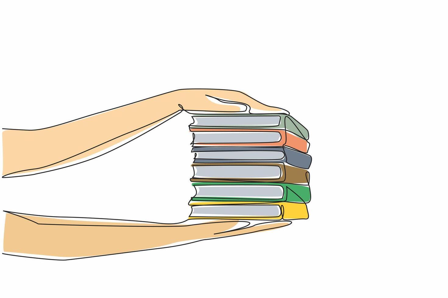 Single continuous line drawing 2 hands holding 6 stacks of books on top and bottom. Giving very politely. Sharing interesting readings. National Donate a Book Day. One line design illustration vector
