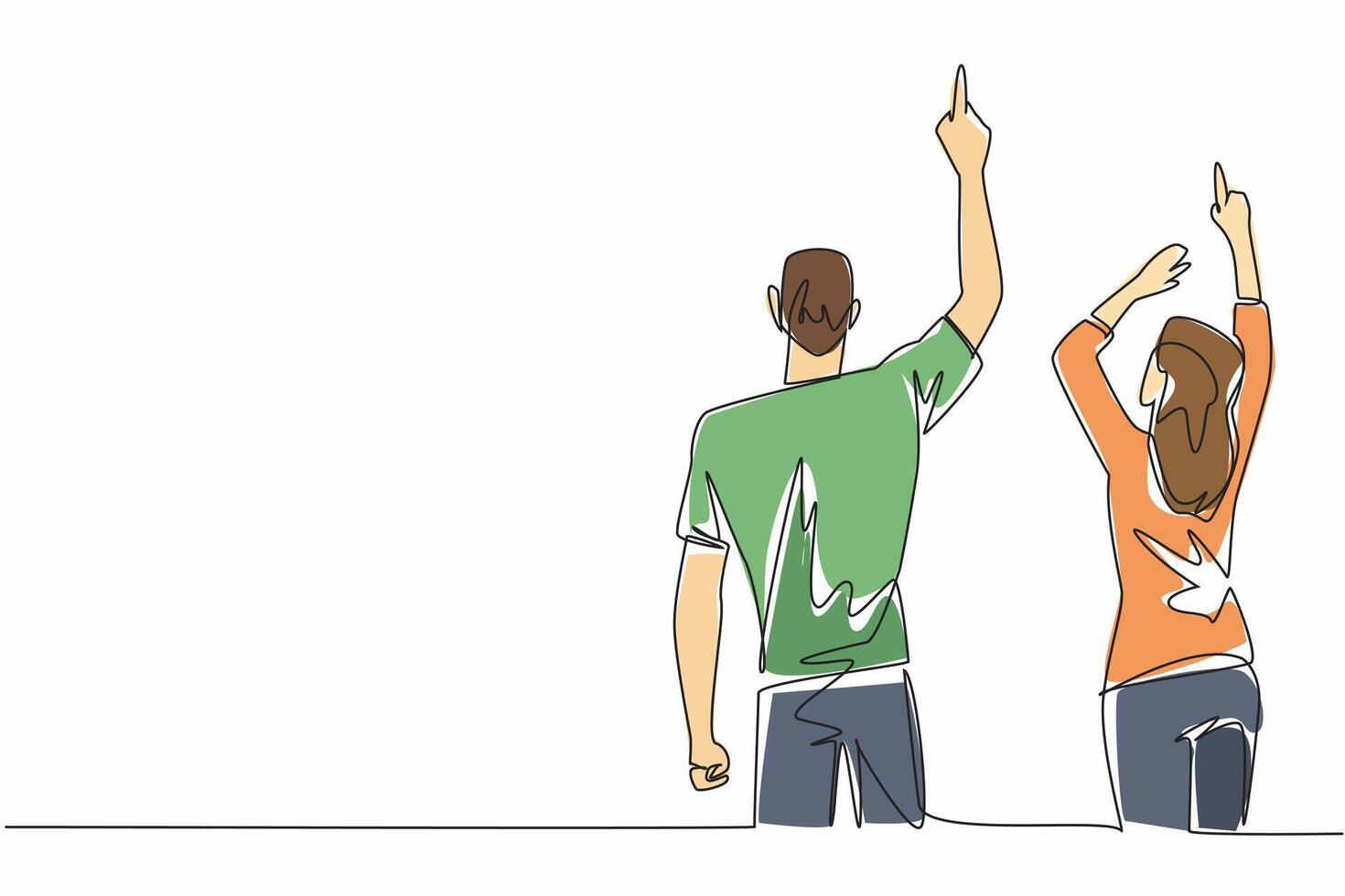 Continuous one line drawing rear view, a woman and a man in casual clothes, their hands pointing upwards. Beautiful spring. Aurora. Look Up at The Sky Day. Single line draw design illustration vector
