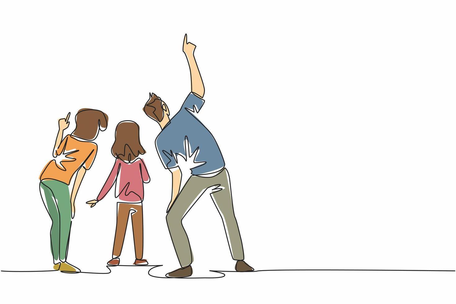 Continuous one line drawing a family gathered as the father pointed upwards. At dawn. Showing the morning star. Venus. Amazing view. Look Up at The Sky Day. Single line draw design illustration vector