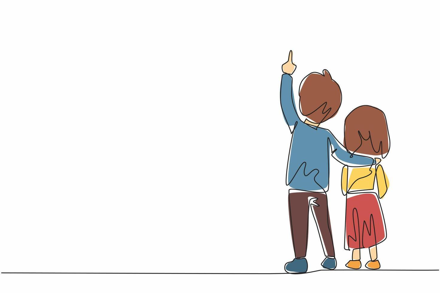 Single continuous line drawing rear view, a boy embraces his little sister with his hand pointing up. Learn about natural science. Amazing. Look Up at The Sky Day. One line design illustration vector