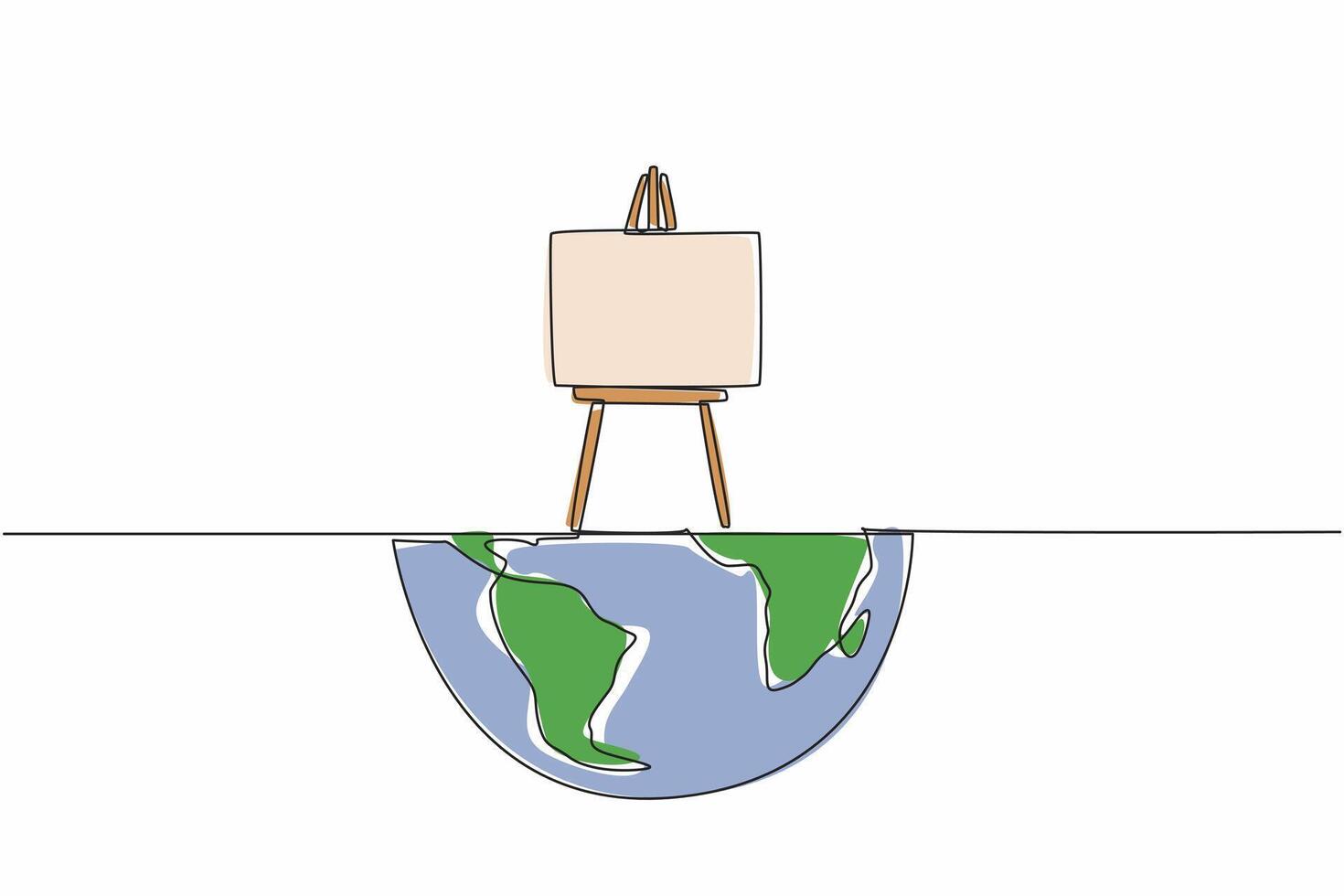 Single continuous line drawing easel on half globe. Painting can see half the world. A metaphor. Creativity can be limitless. Beautiful art for all. World Art Day. One line design illustration vector