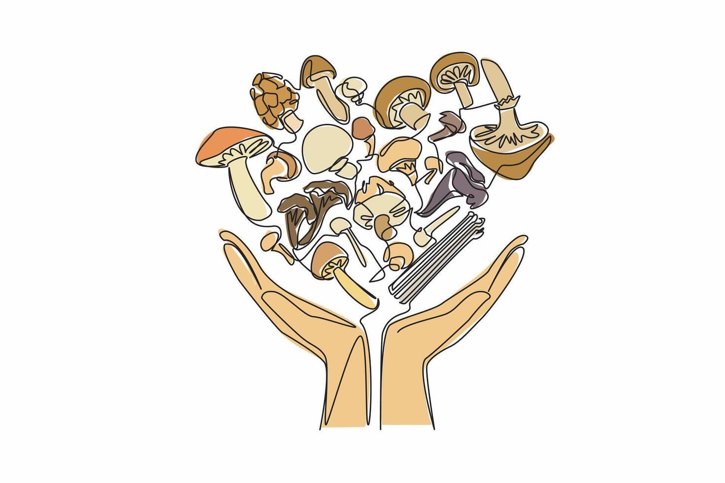 Continuous one line drawing 2 hands holding several variants of heart-shaped mushrooms. Symbol of connoisseur of stir-fried mushrooms. Day of the Mushroom. Single line draw design illustration vector