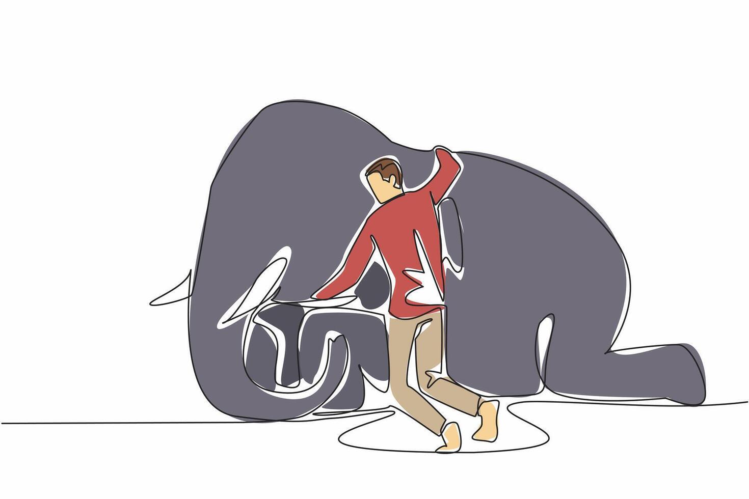 Single one line drawing a man hugging neck of sitting elephant. Expressions of affection before released into their natural habitat. Save The Elephant Day. Continuous line design graphic illustration vector