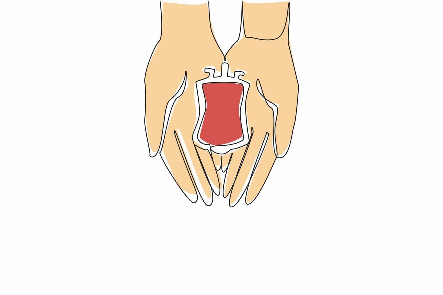 Single one line drawing 2 open hands and on top of them is a small blood bag. Day of concern for sufferers. Donating blood. Caring. World Hemophilia Day. Continuous line design graphic illustration vector