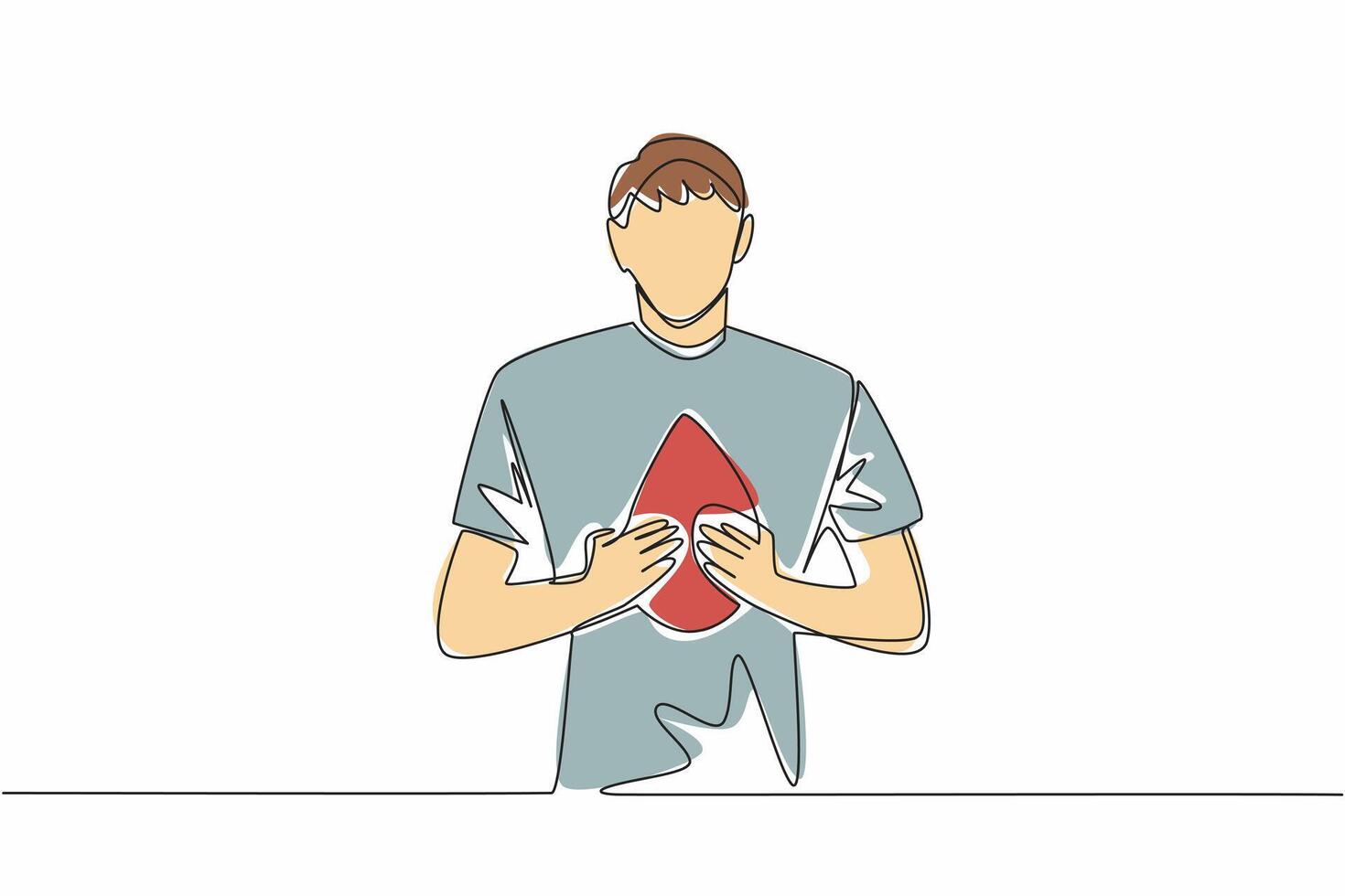 Single continuous line drawing a man holds drops of blood with both hands while pointing forward. Like a public service announcement. Concern. World Hemophilia Day. One line design illustration vector