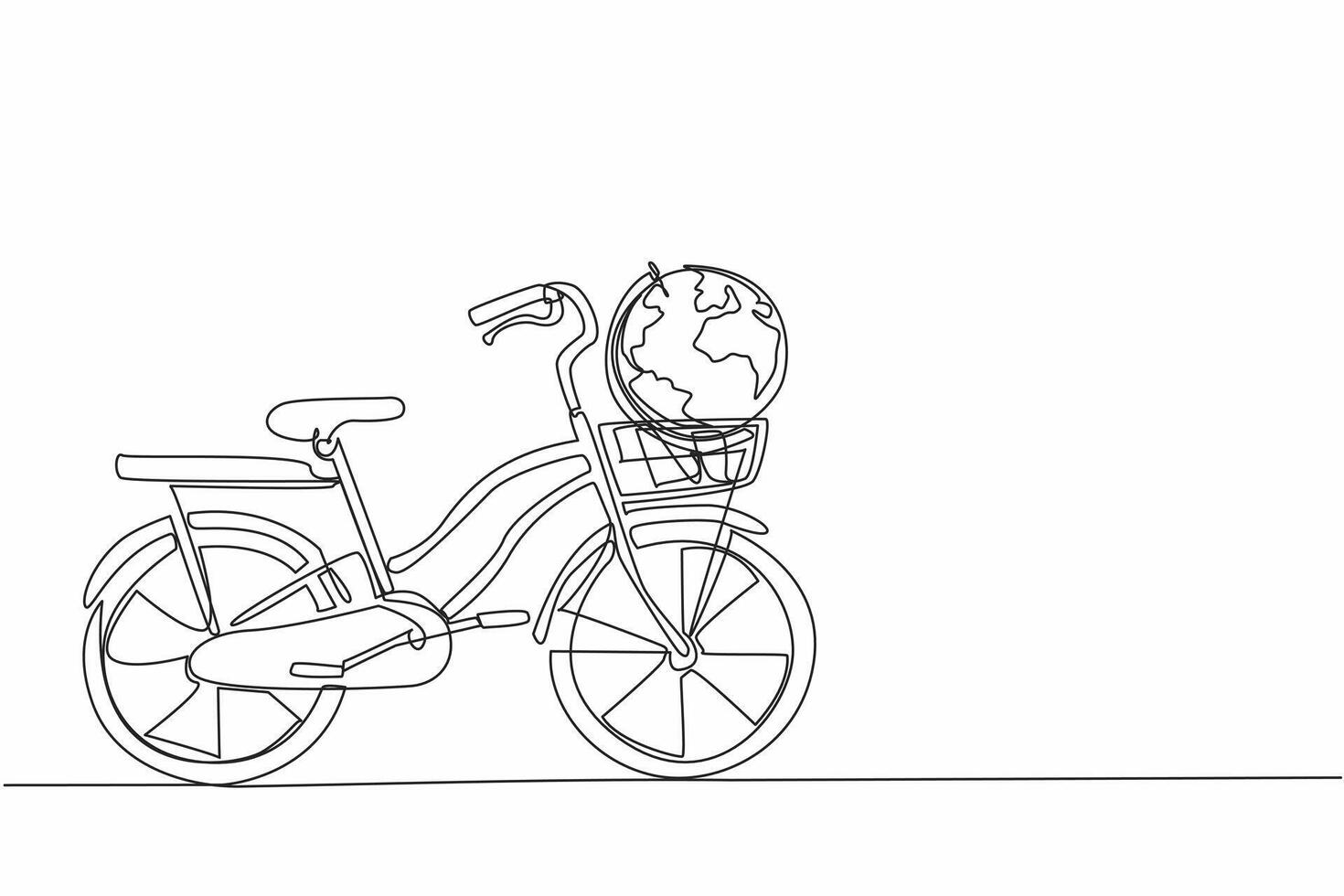 Single one line drawing mini bike with a globe in the front basket. An iconic symbol. Bicycles can make the earth healthier without pollution. Bicycle Day. Continuous line design illustration vector