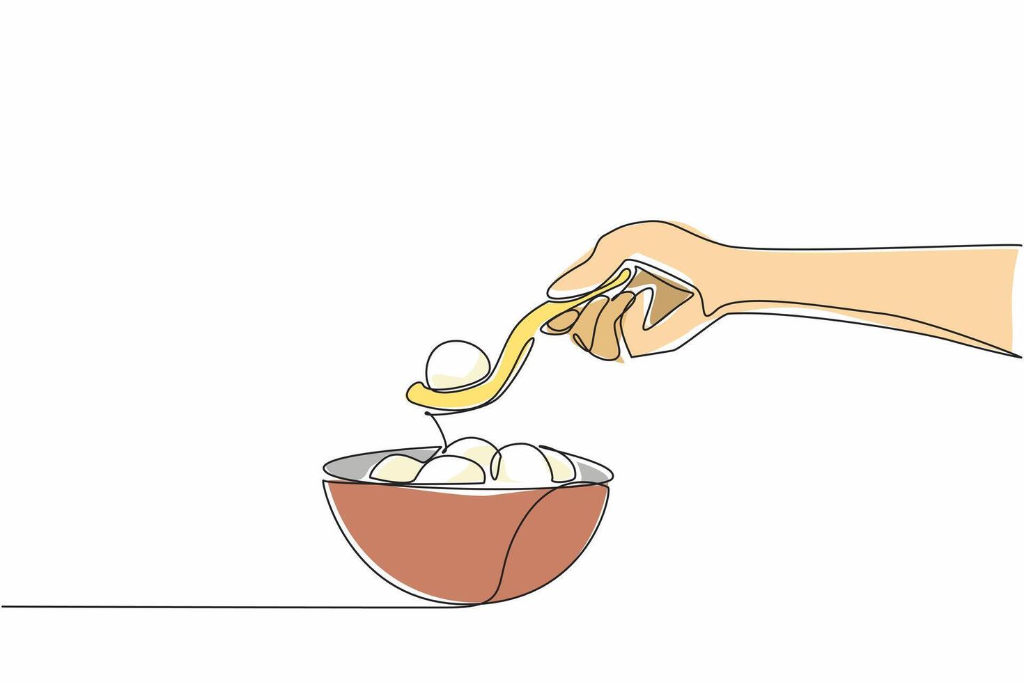 Single continuous line drawing hand scooping a rice ball using a duck spoon. Feed into the mouth. More sterile without touching hands. National Rice Ball Day. One line design illustration vector