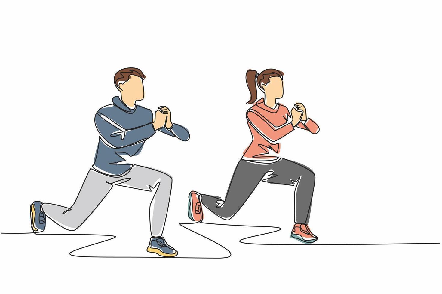Single one line drawing young couple doing front squat on one leg forward with hands folded. Exercise. Activities to keep body fit. National Exercise Day. Continuous line design graphic illustration vector