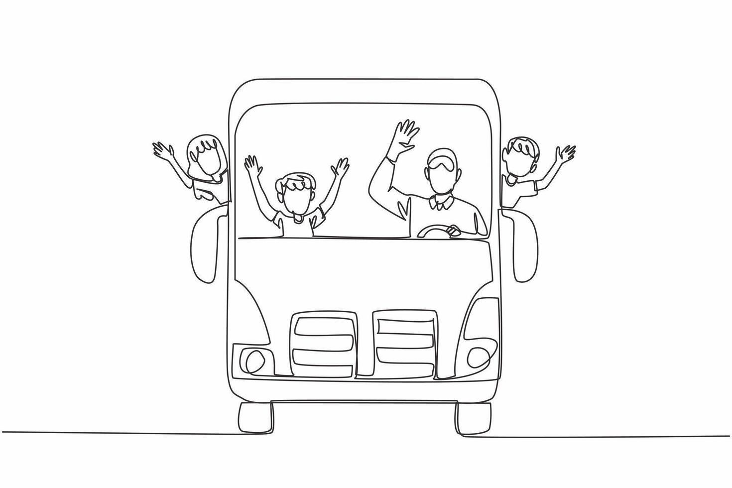 Single one line drawing school bus with bus driver and some students. Always a pleasant atmosphere when going to school. School Bus Driver Appreciation Day. Continuous line design illustration vector