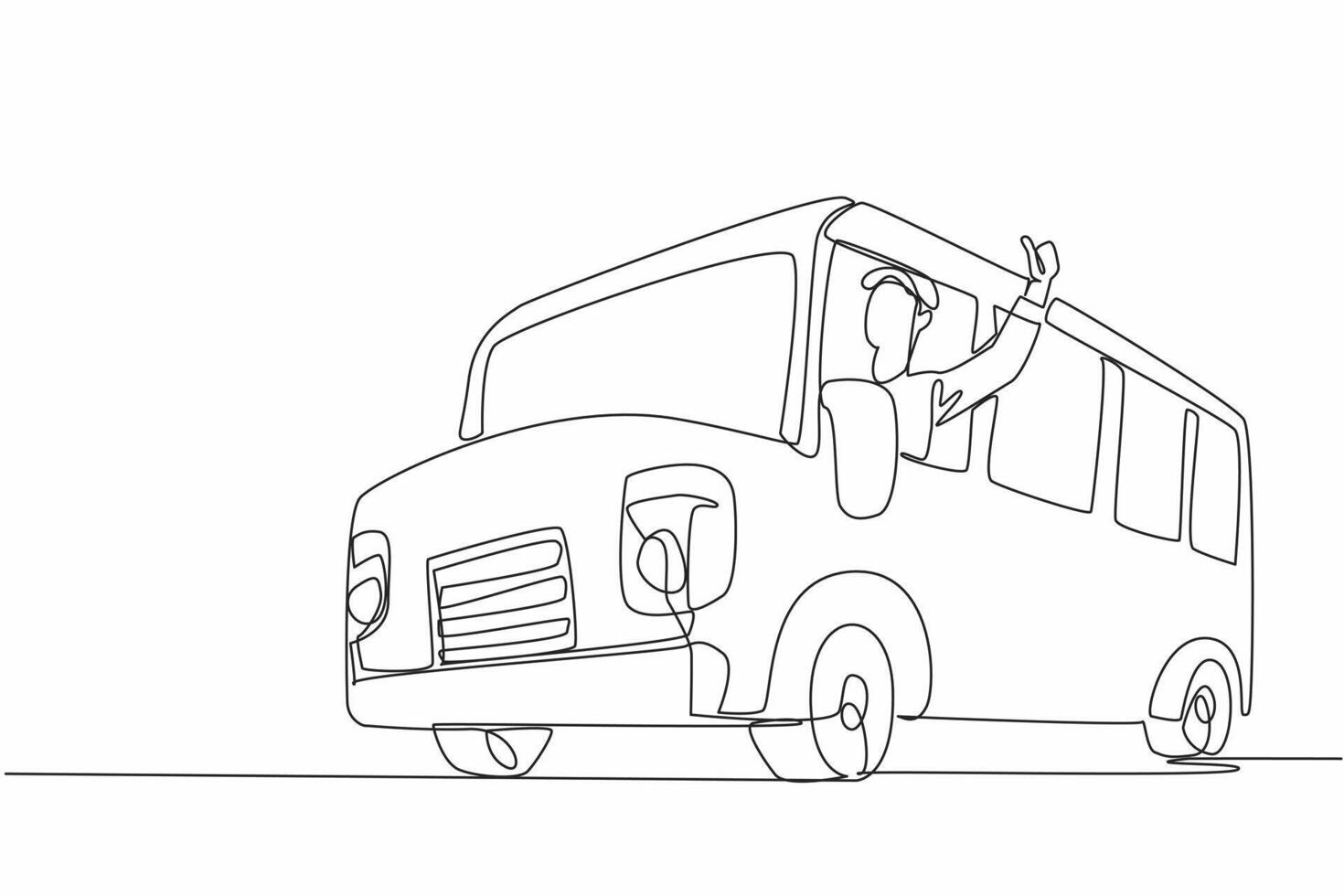 Continuous one line drawing the bus driver sticks out part of his body while making a thumbs up gesture. Dedication. School Bus Driver Appreciation Day. Single line draw design vector