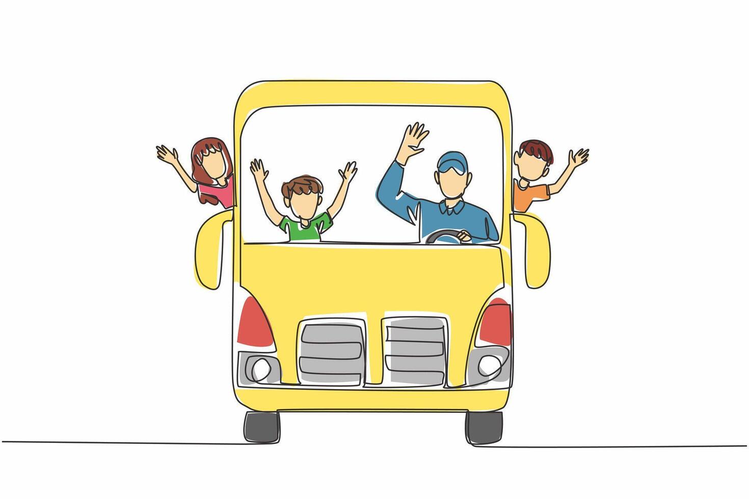Single one line drawing school bus with bus driver and some students. Always a pleasant atmosphere when going to school. School Bus Driver Appreciation Day. Continuous line design graphic illustration vector