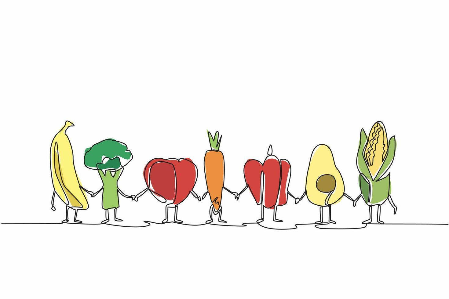 Single one line drawing various foods become characters and while holding hands. Spend or do not buy too much. Avoid wasteful behavior. Stop Food Waste Day. Continuous line design graphic illustration vector