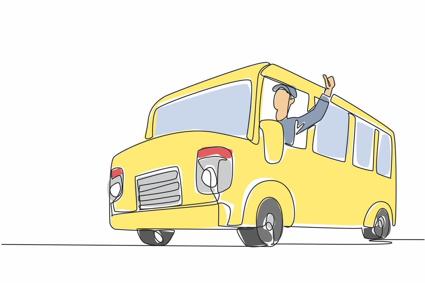 Continuous one line drawing the bus driver sticks out part of his body while making a thumbs up gesture. Dedication. School Bus Driver Appreciation Day. Single line draw design illustration vector