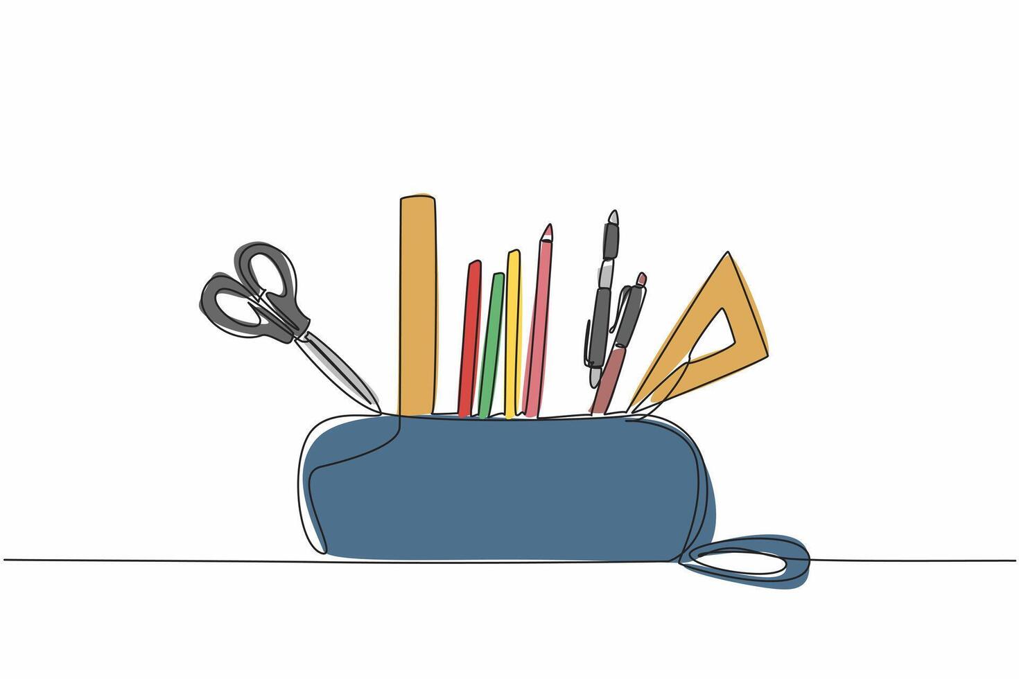 Single continuous line drawing pencil pouch case. Orderliness in arranging stationery. Makes it easier to find and use. Ease of working. World Stationery Day. One line design illustration vector