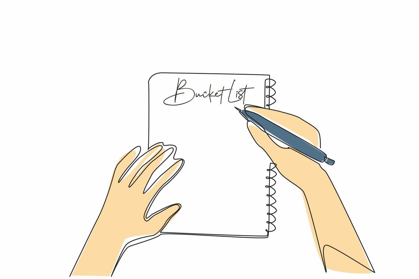 Continuous one line drawing hand holding a pen and writing in a notebook. Designing targets for the future. Writing down dreams. National Bucket List Day. Single line draw design illustration vector