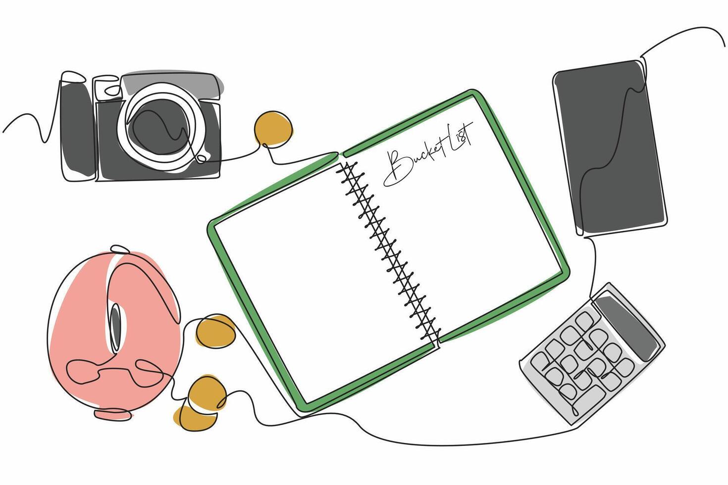 Continuous one line drawing open notebook with the words Bucket List written on it. Calculating the needs for going on vacation. National Bucket List Day. Single line draw design illustration vector