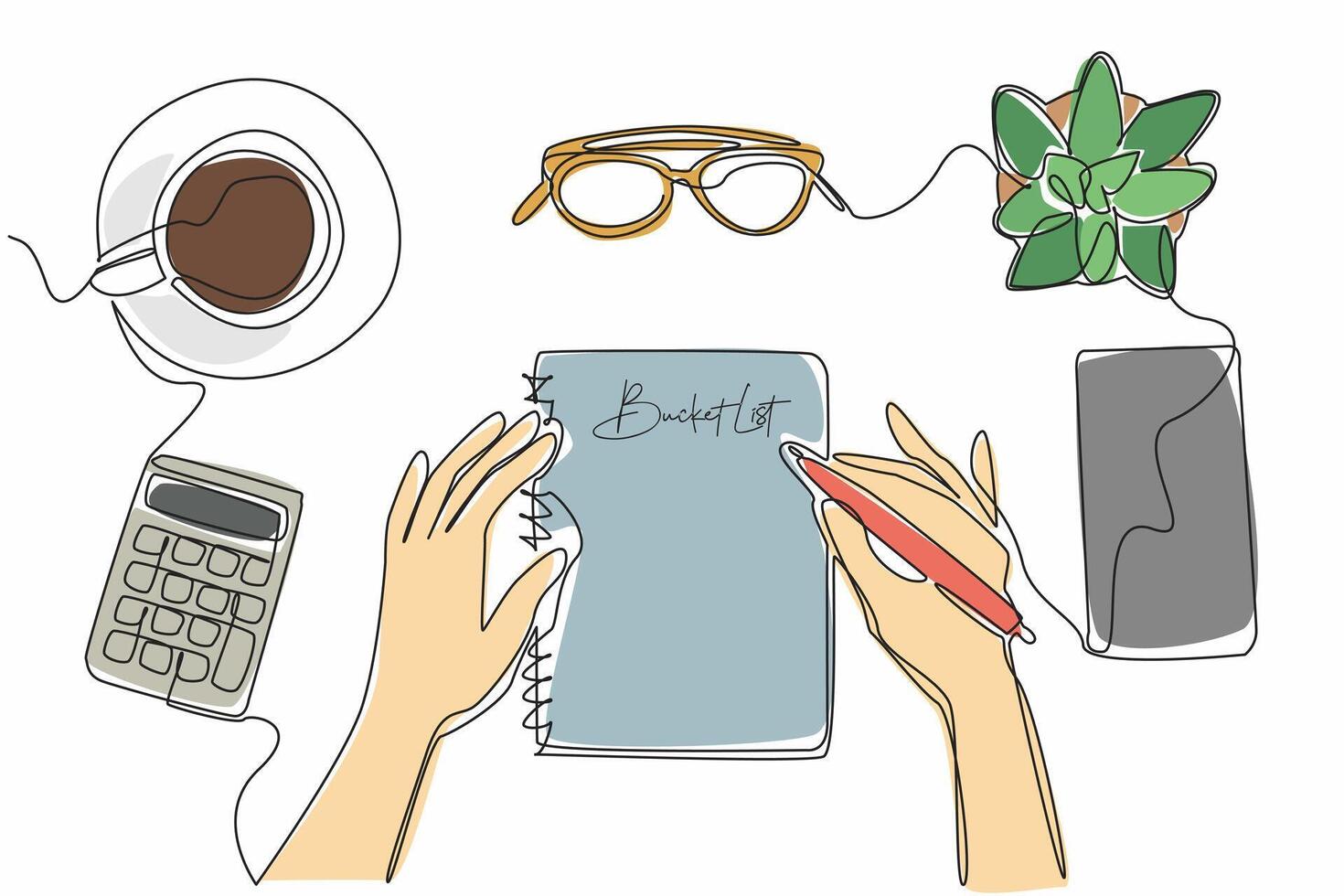 Single one line drawing hand holding pen and notebook. Designing a hopeful future. List of holiday lists. Determine the budget. National Bucket List Day. Continuous line design graphic vector