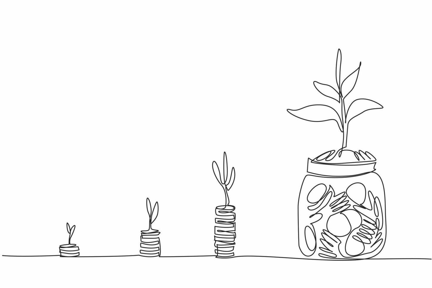 Single one line drawing hand inserts a coin into a jar containing a pile of coins and a tree. Investment for the future. National Financial Awareness Day. Continuous line design graphic vector