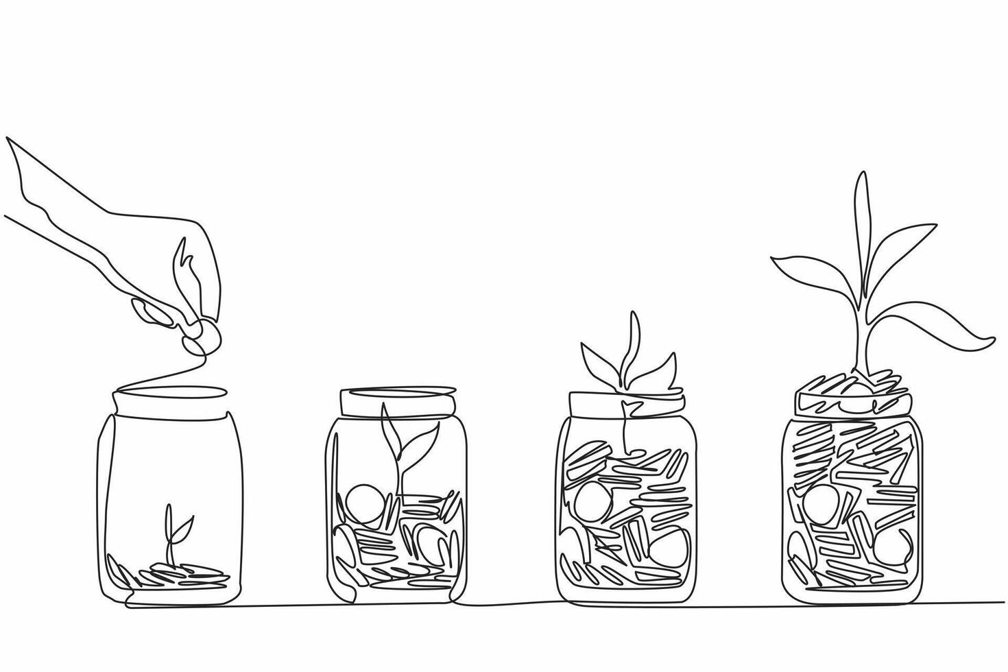 Single one line drawing hand inserts a coin into a jar containing a pile of coins and a tree. Investment for the future. National Financial Awareness Day. Continuous line design vector