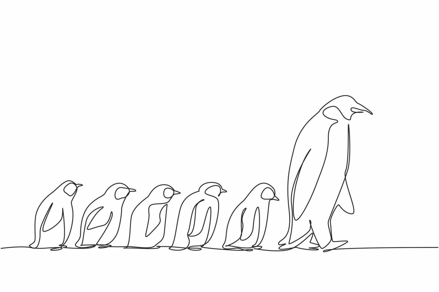 Single one line drawing 1 adult penguin walking in front of 5 baby penguins walking behind him. Animals that like to colonize. Migration. World Penguin Day. Continuous line design illustration vector