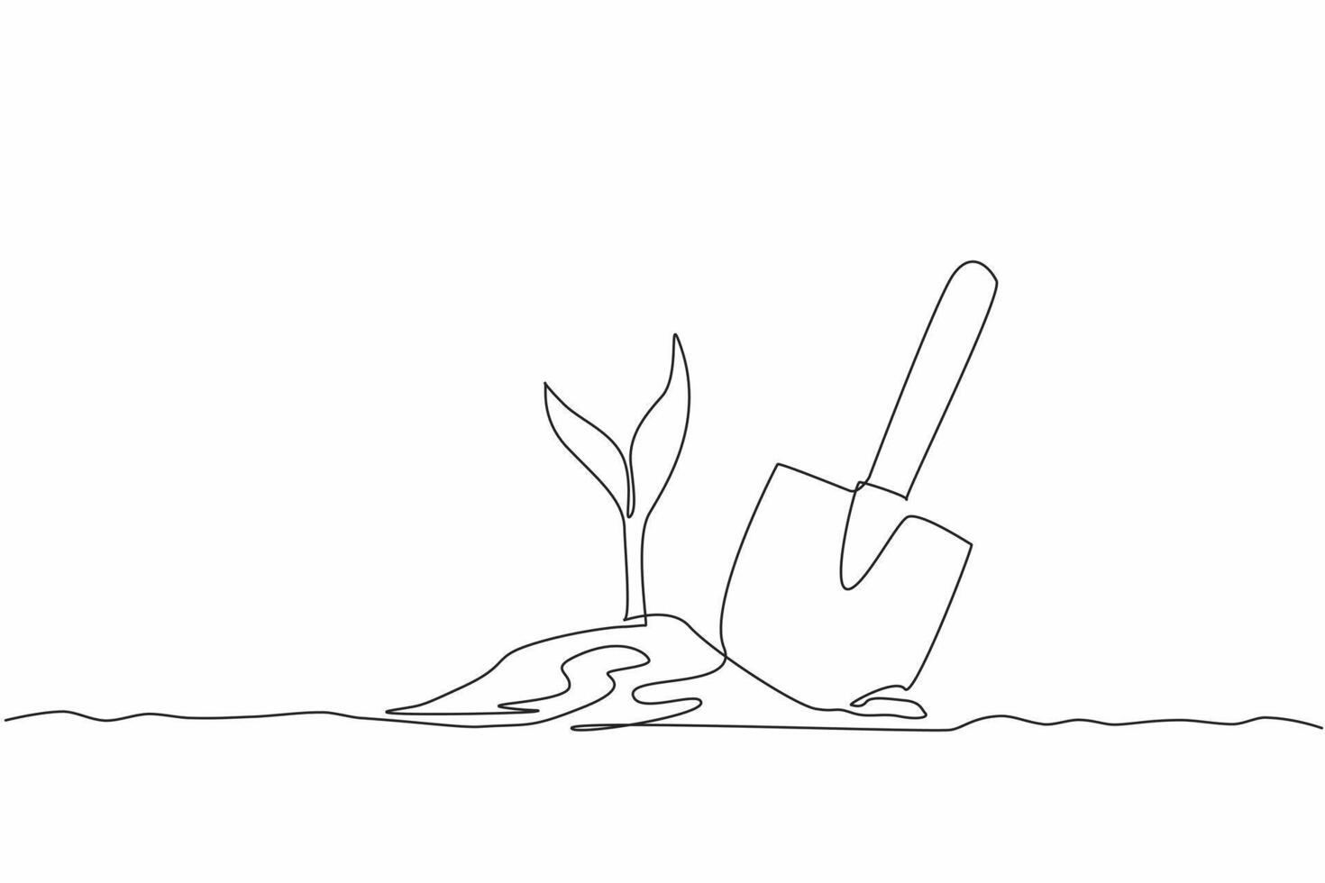 Continuous one line drawing new small trees are planted with help of a shovel. Positive activities to green the earth. Level up oxygen. National Arbor Day. Single line draw design vector