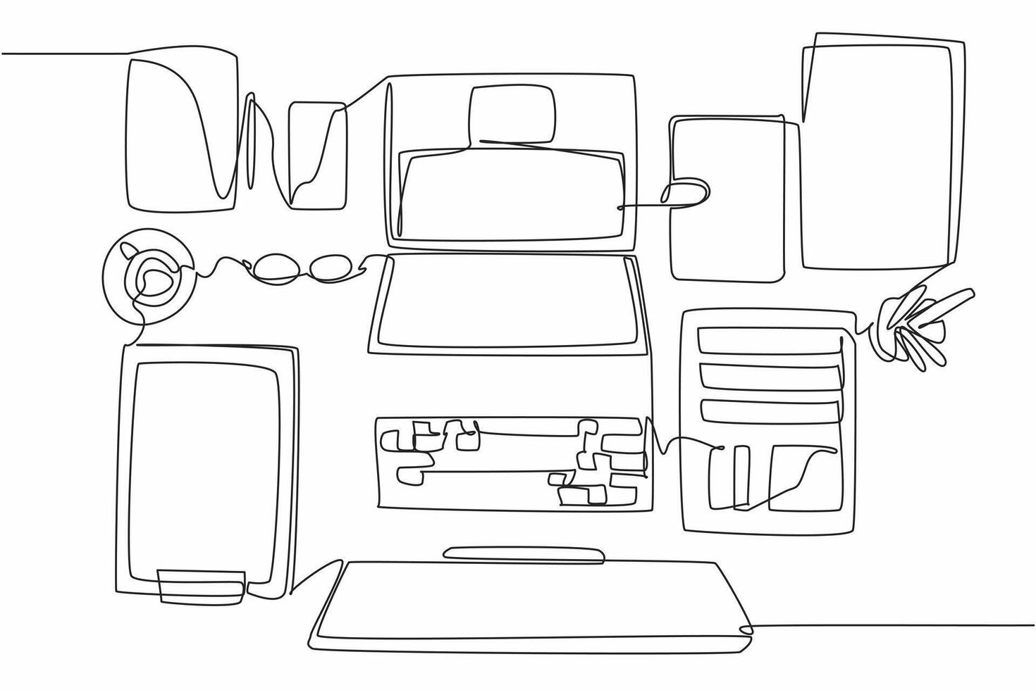 Single one line drawing a very neatly arranged work desk. Makes it easier to work and read weekly reports. Neatness keeps a good mood. Get Organized Day. Continuous line illustration vector