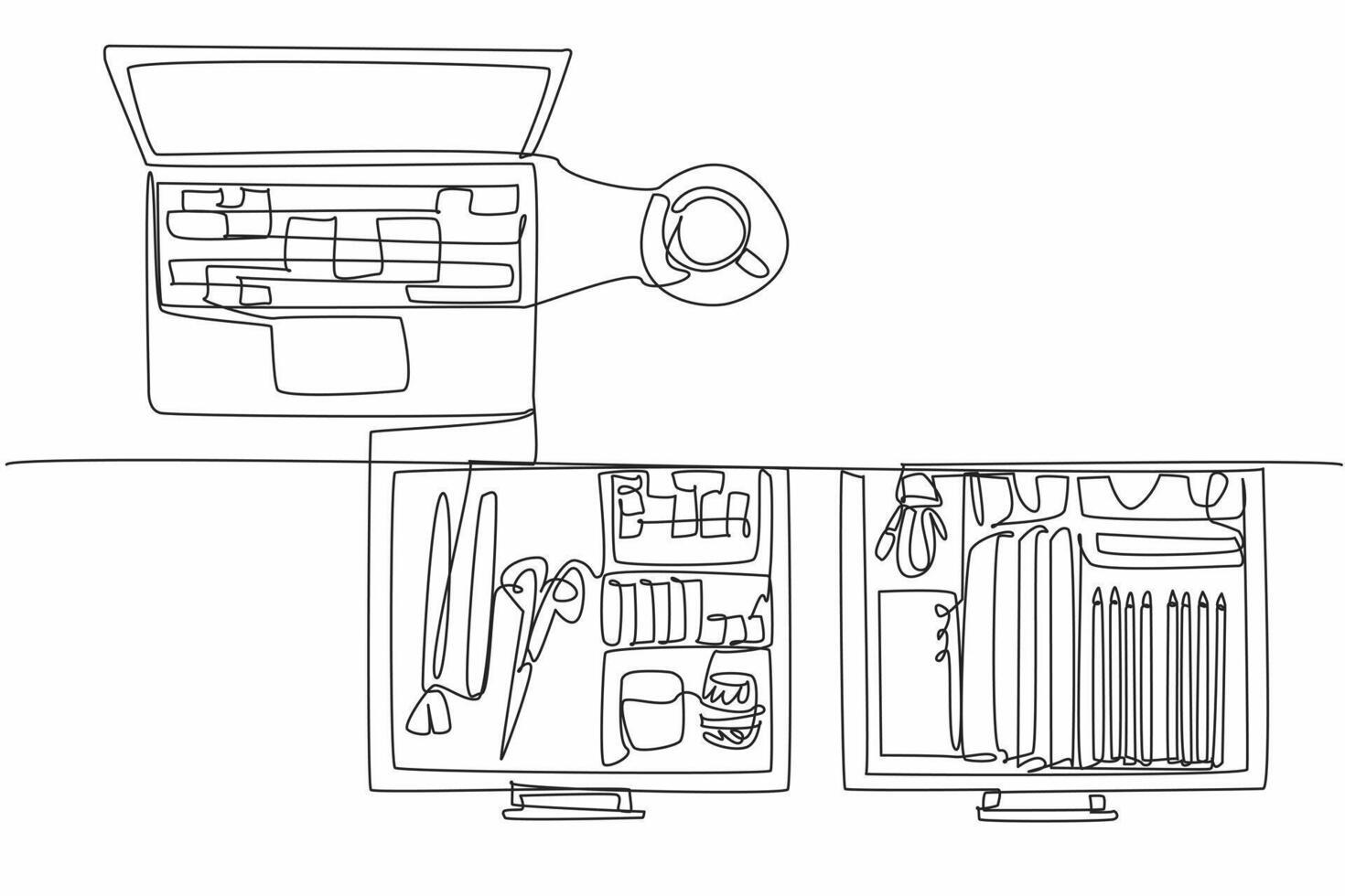 Continuous one line drawing work desk with open drawers and various contents. A tidy workspace always creates enthusiasm. Spirit at work. Get Organized Day. Single line draw illustration vector
