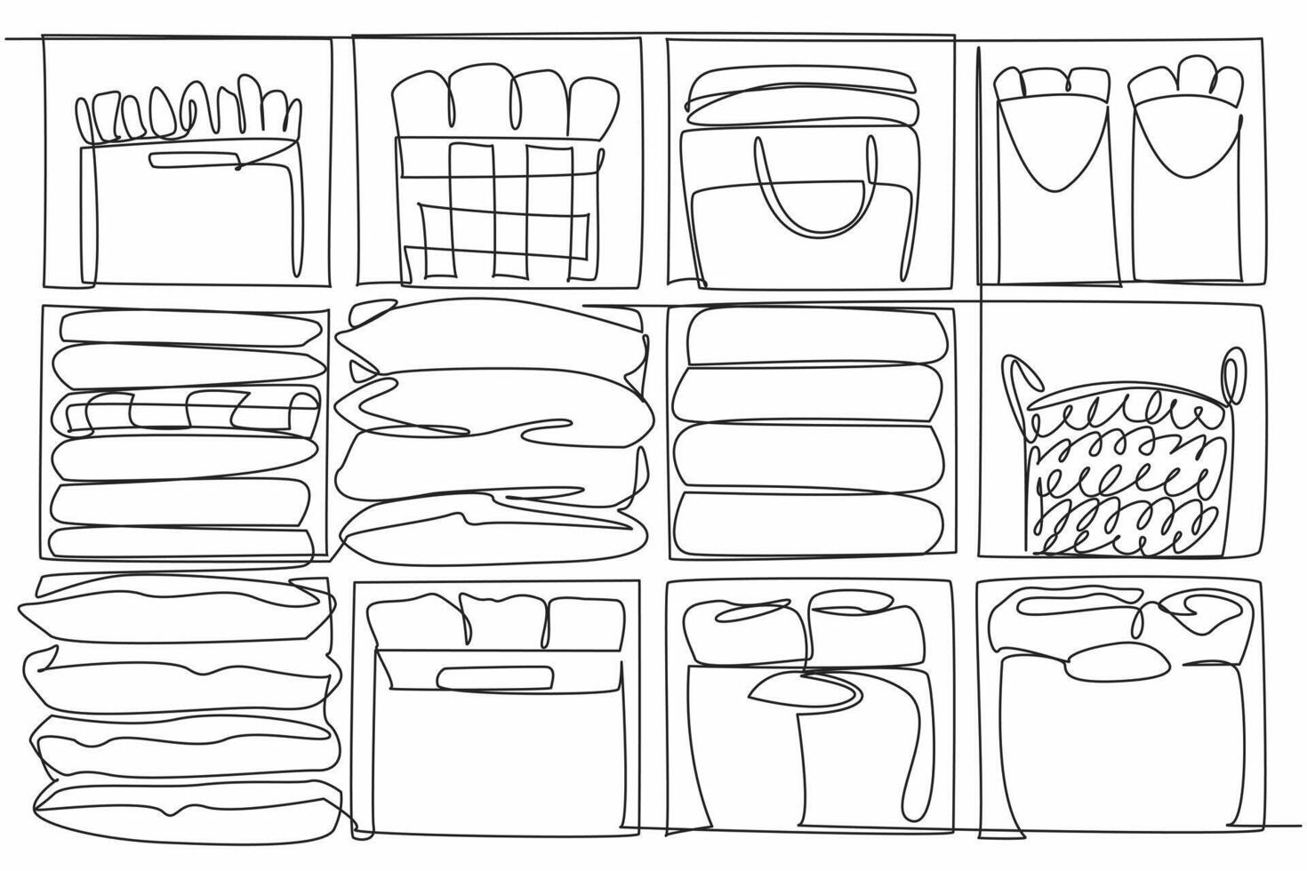 Single one line drawing a compartmentalized cupboard for storing various items neatly. Likes order and neatness. Makes it easy to take. Get Organized Day. Continuous line design illustration vector