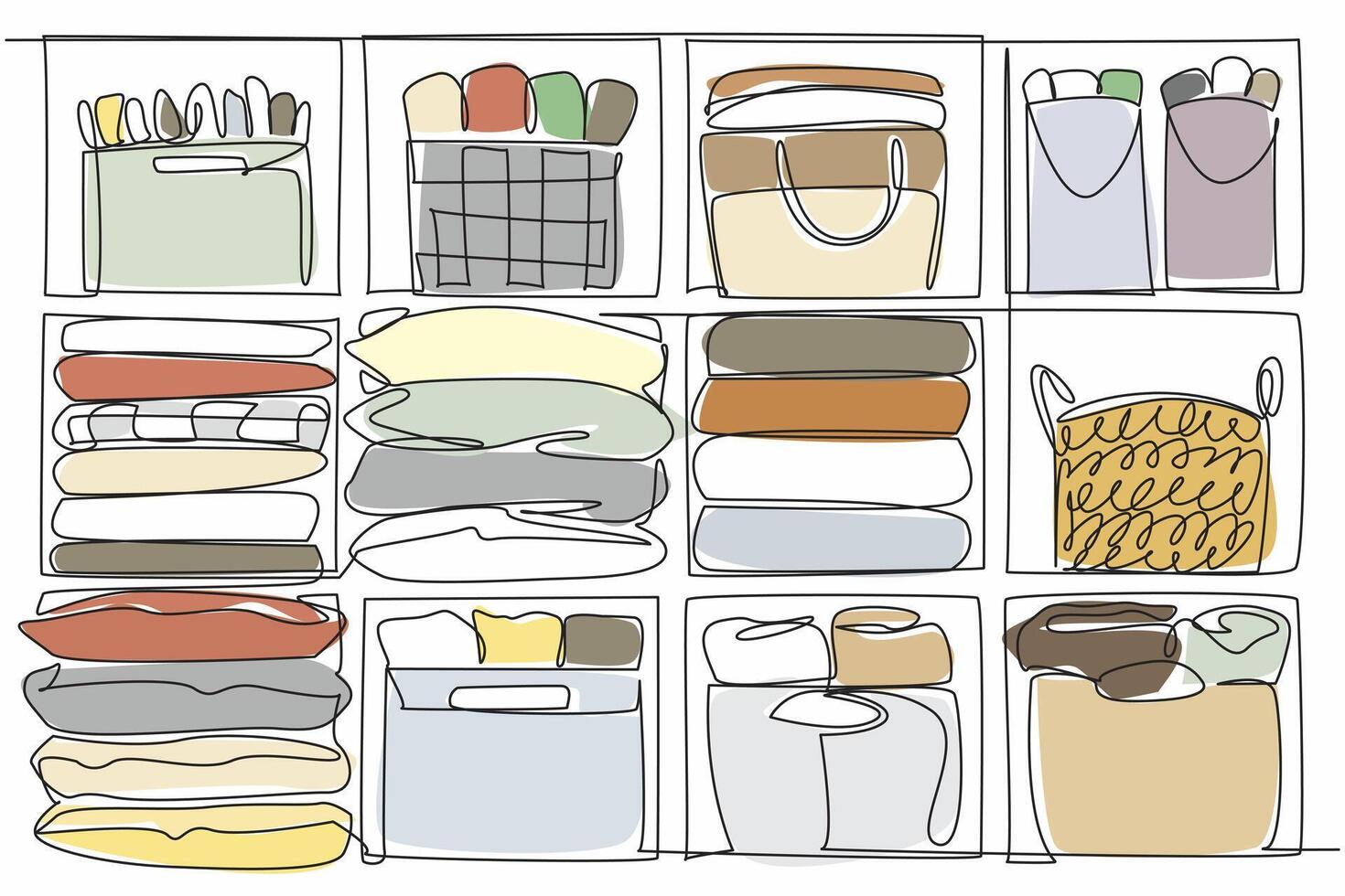 Single one line drawing a compartmentalized cupboard for storing various items neatly. Likes order and neatness. Makes it easy to take. Get Organized Day. Continuous line design graphic illustration vector
