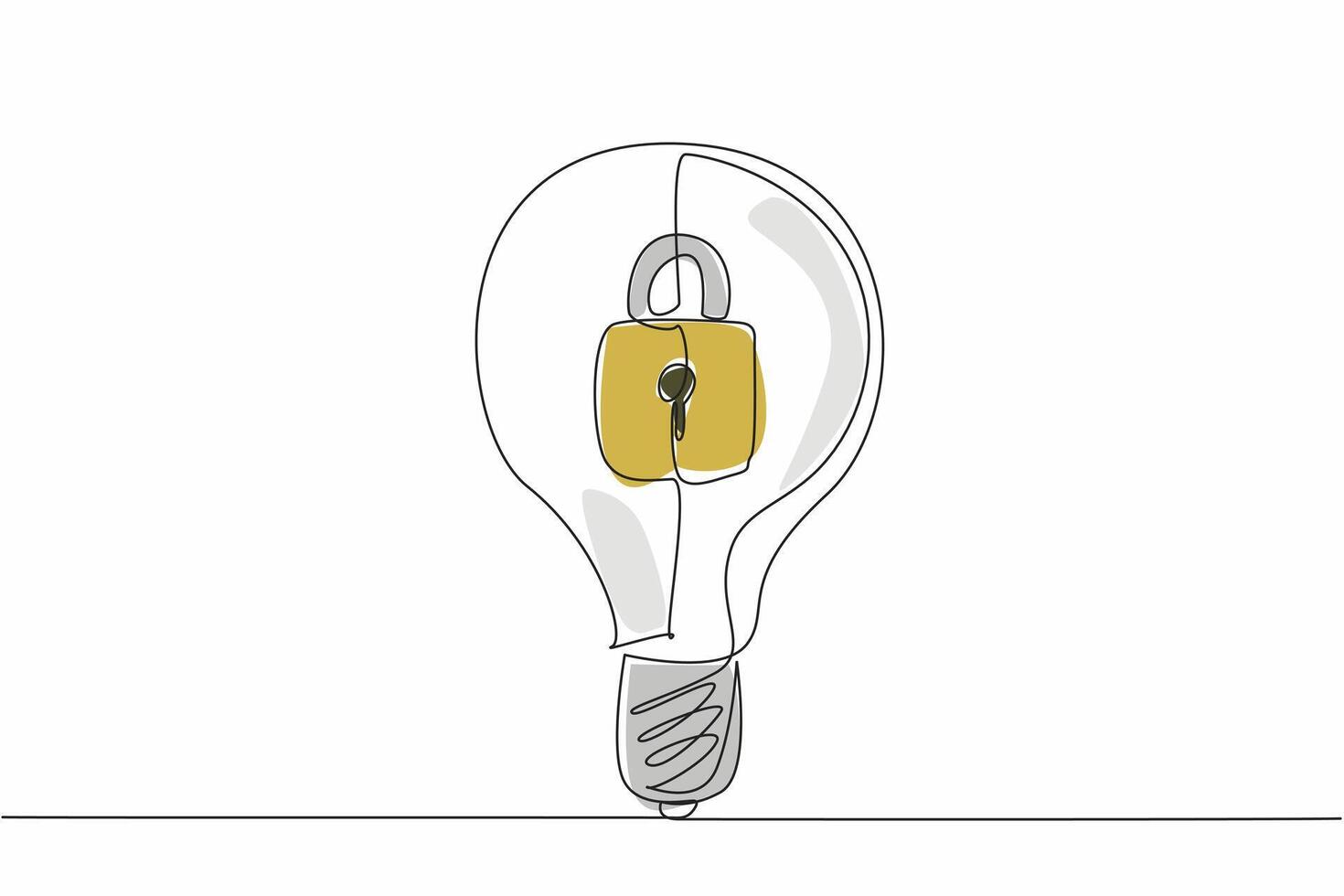 Continuous one line drawing a light bulb with a padlock inside. The brilliance of an idea that no one else can claim. World Intellectual Property Day. Single line draw design illustration vector