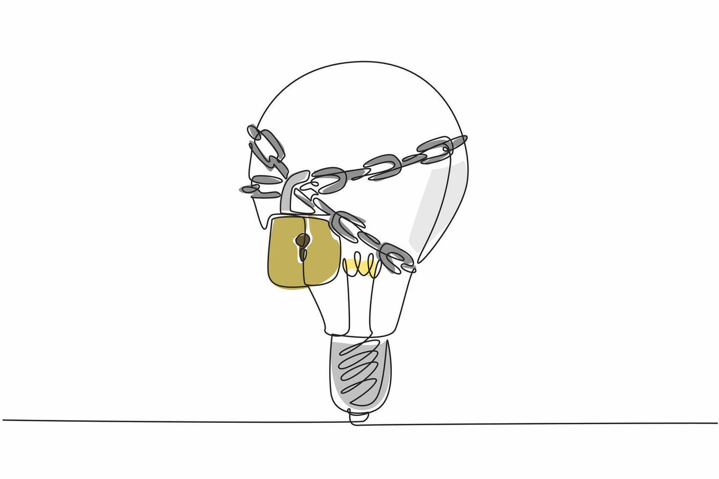 Single one line drawing the outer light bulb is chained around bulb and locked. Limited ideas and innovation. Expensive. World Intellectual Property Day. Continuous line design graphic illustration vector