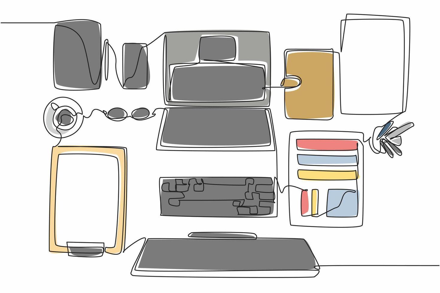 Single one line drawing a very neatly arranged work desk. Makes it easier to work and read weekly reports. Neatness keeps a good mood. Get Organized Day. Continuous line design graphic illustration vector