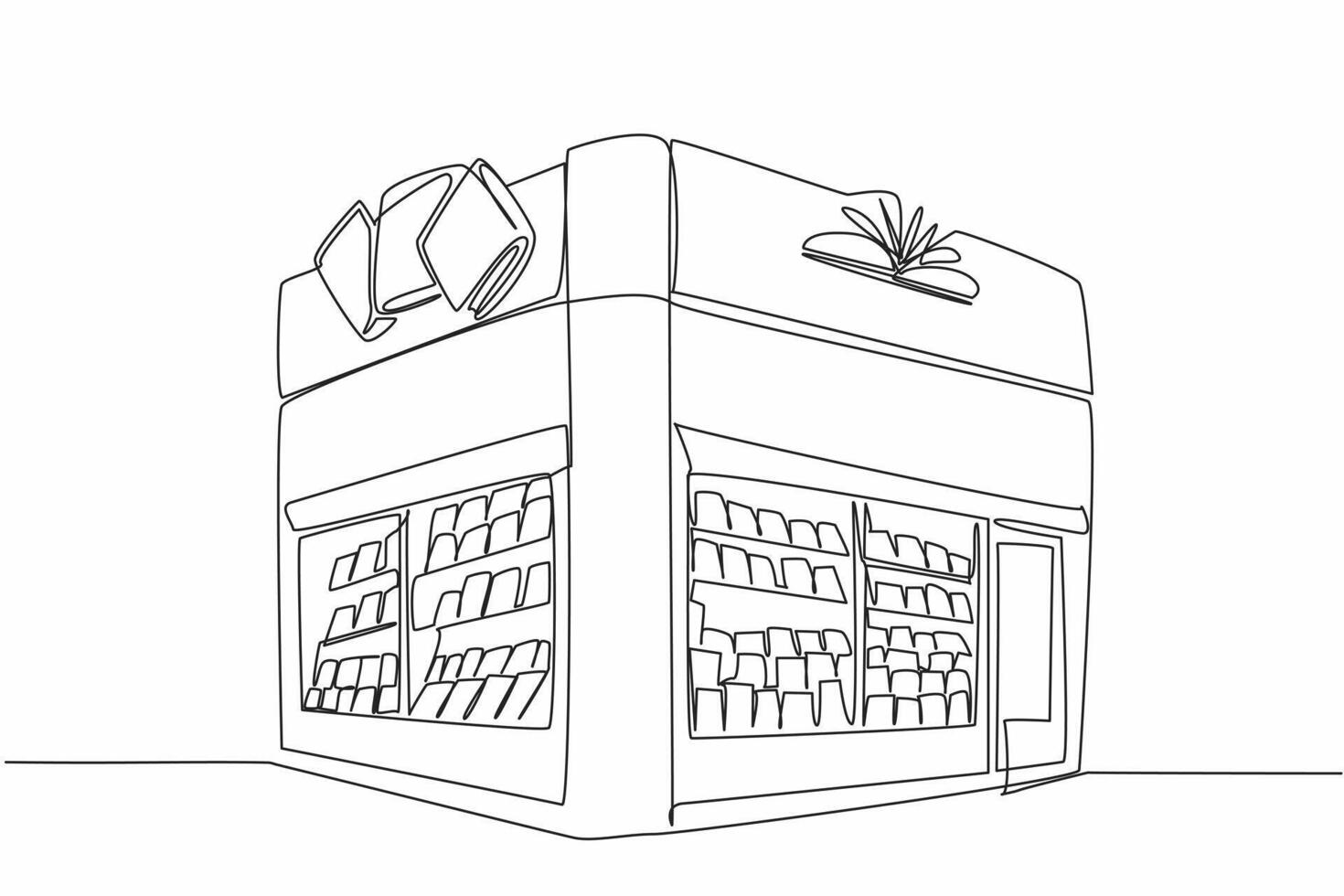 Single continuous line drawing bookstore located in corner of the building. An ancient building that sells many books. Historical place. Independent Bookstore Day. One line design vector