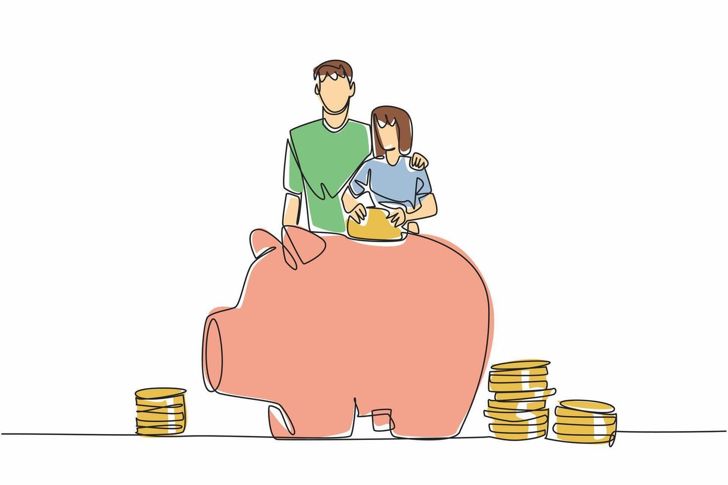 Continuous one line drawing father embracing daughter who is putting coins into a large piggy bank. Saving for future. National Teach Children to Save Day. Single line draw design illustration vector