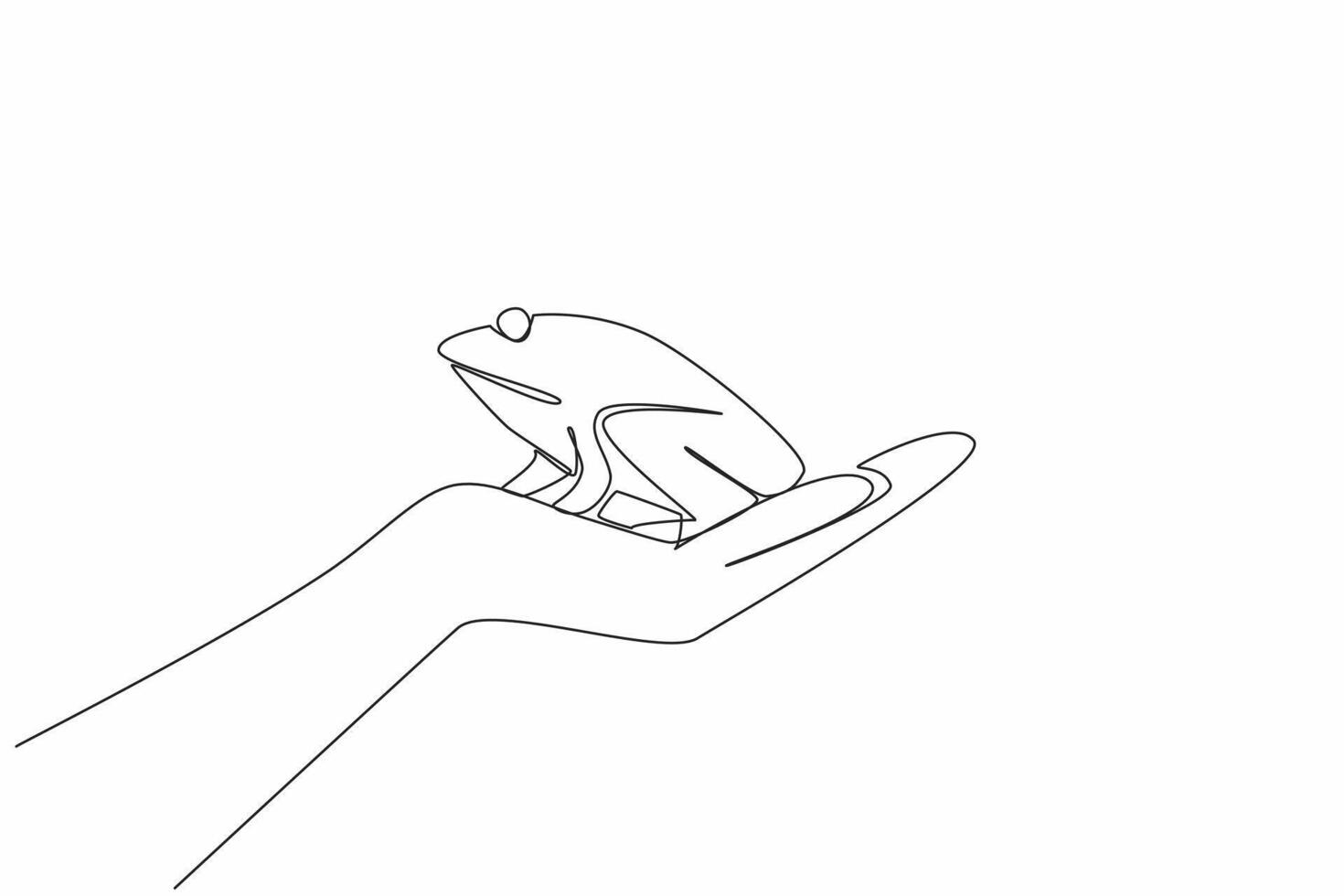Single continuous line drawing frog on open palm. Released into their natural habitat to live in the wild. Balance of nature. Environmental. Save The Frogs Day. One line illustration vector