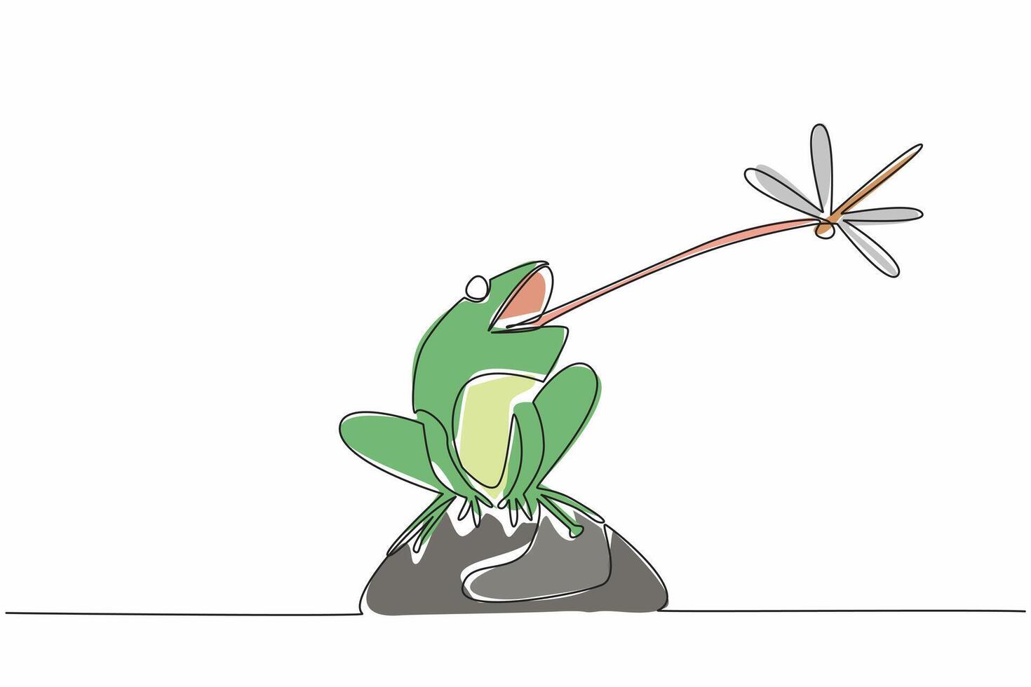 Continuous one line drawing frog sitting on a rock sticking out its tongue preying on a dragonfly. Minimal effort, full results. Food. Save The Frogs Day. Single line draw design illustration vector